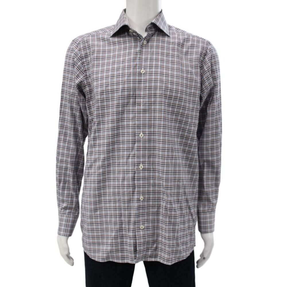 Eton Mens Point Collar Dress Shirt Blue Plaid Long Sleeve Cotton Size 39